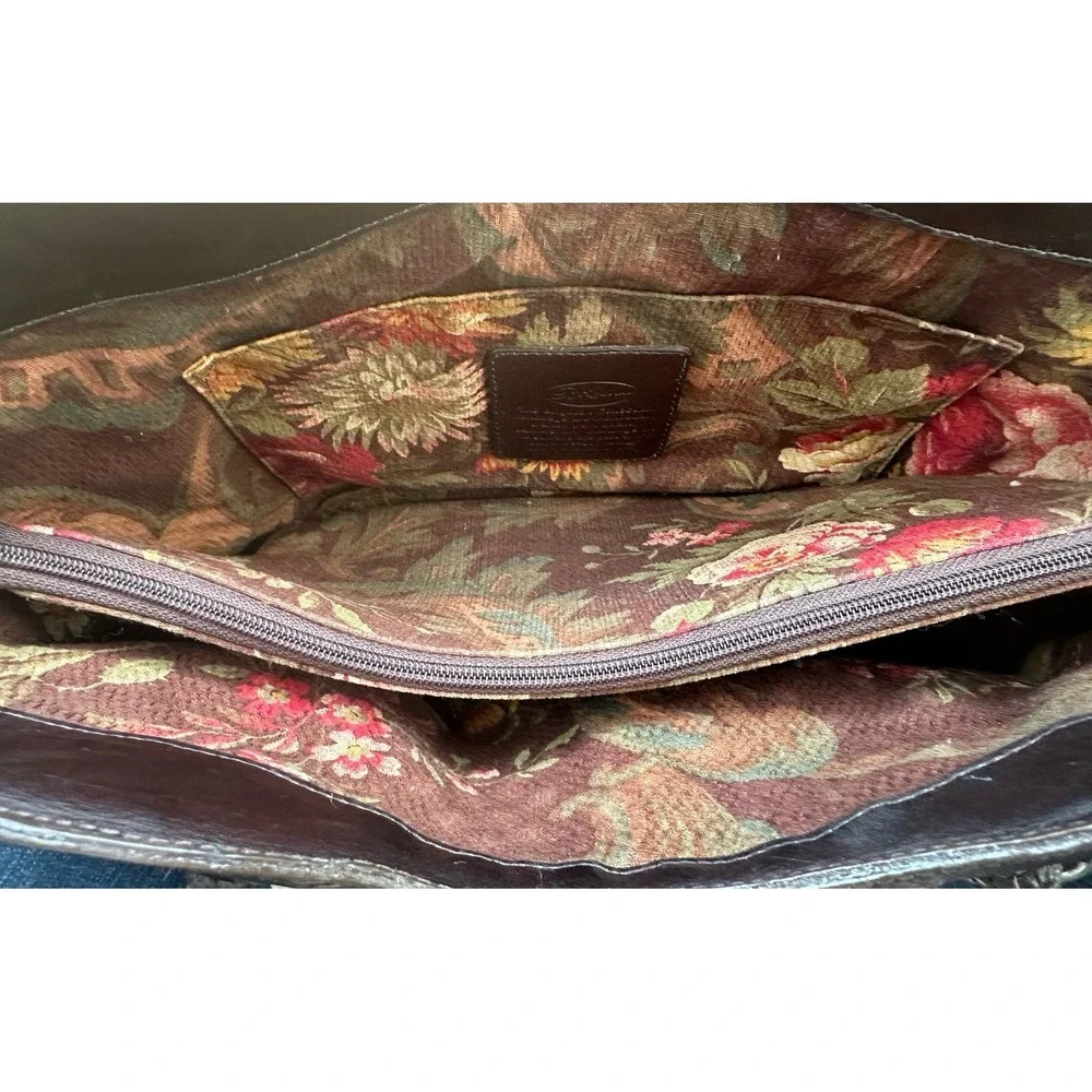 Brighton Vintage Straw Leather Tote, Floral Print Lined Purse‎ With Dust Bag